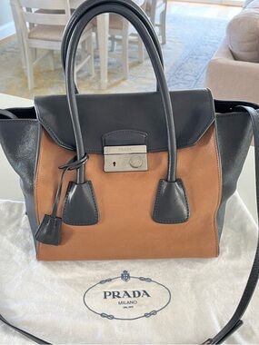 Prada Colorblock Vitello Phenix Leather Satchel / Crossbody Bag - Black & Tan